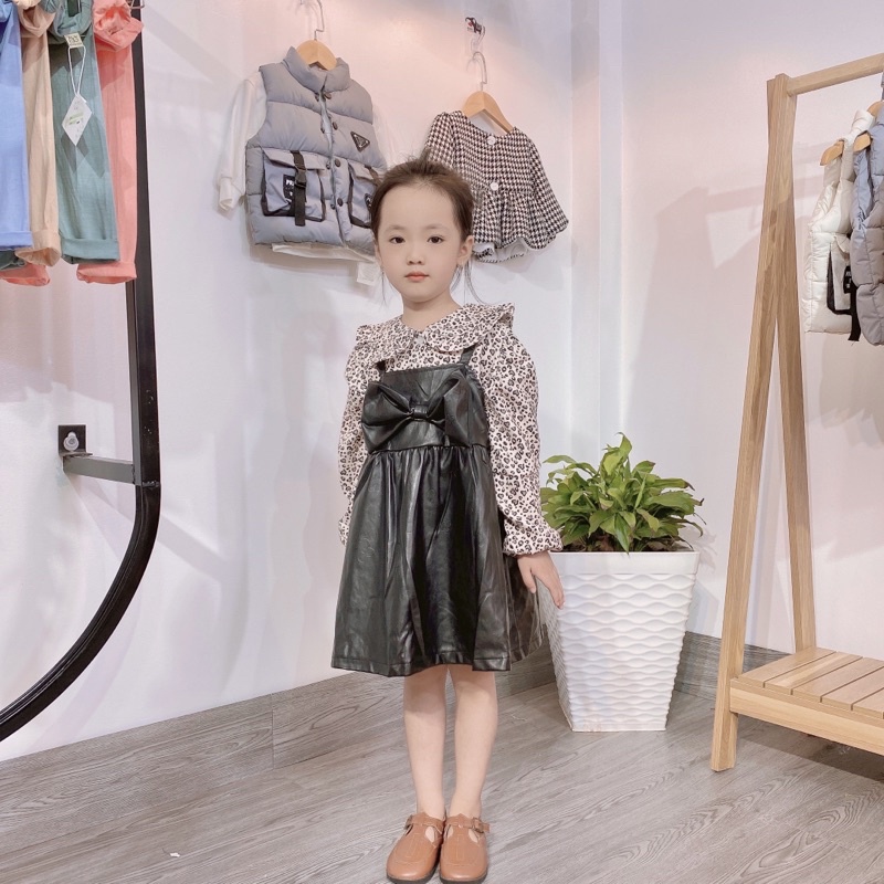 Váy hoa phối da đính nơ phong cách hàn quốc