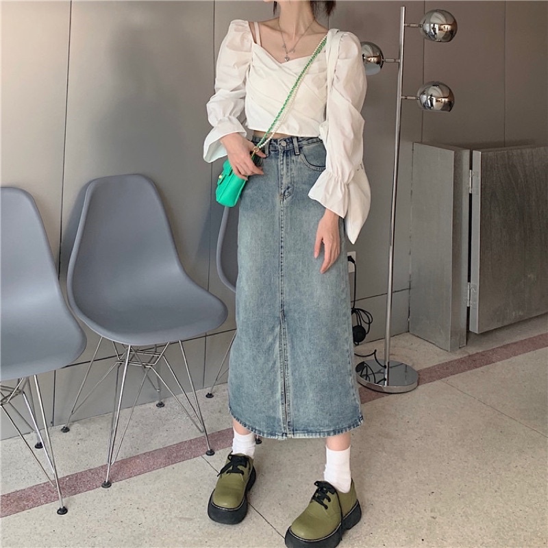 Urihouse -  Chân váy jeans dáng suông dài midi cạp cao xẻ tà phía trước | Chân váy jeans lưng ngắn