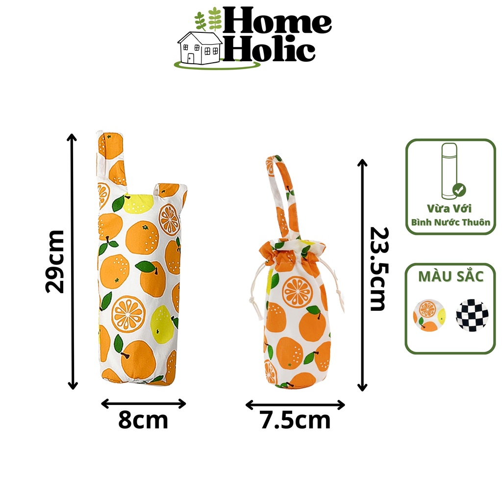 Túi Vải Quai Xách/ Dây Rút Bình Nước Giữ Nhiệt Bằng Vải Hoạ Tiết Caro Trái Cam Trắng Đen Lạ Mắt 500ml Home Holic