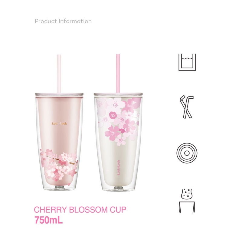 Ly nhựa 2 lớp Lock&Lock Cherry Blossom - kèm ống hút HAP509 750ml | BigBuy360 - bigbuy360.vn