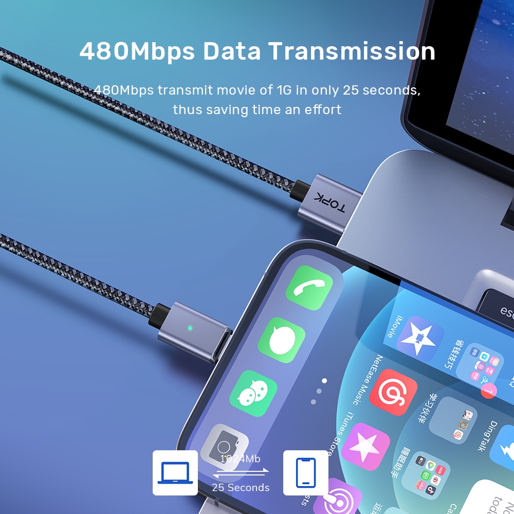 Cáp sạc nhanh / truyền dữ liệu Topk đầu usb Type c có nam châm cho Xiaomi Oppo 8 chân