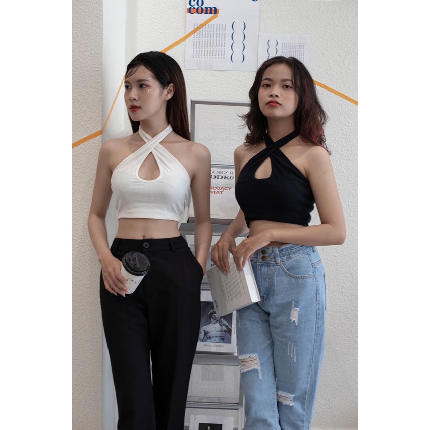 Áo croptop nữ chéo cổ trắng, đen thời trang A04