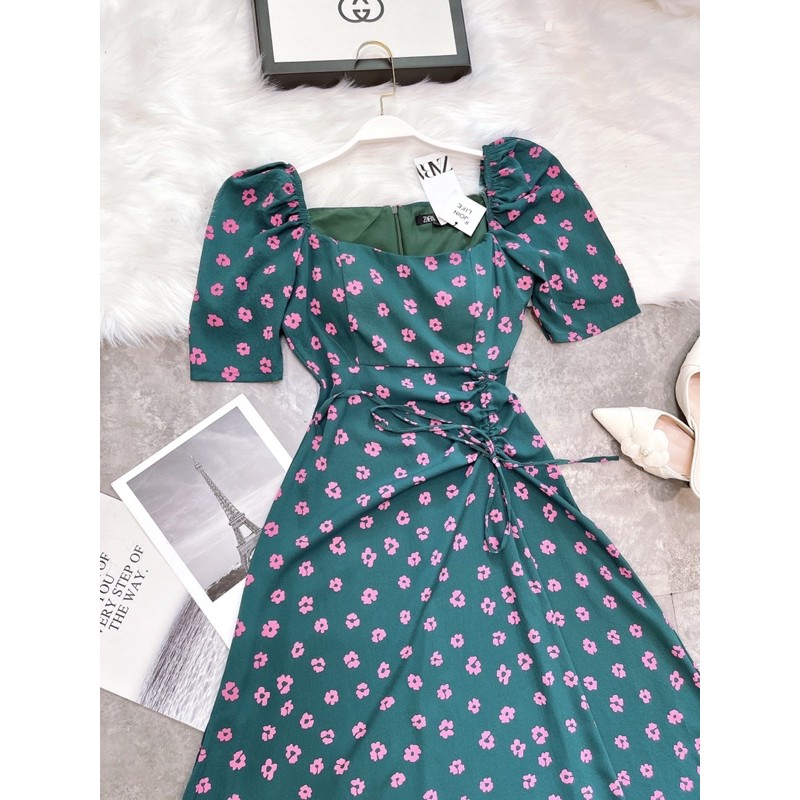 [Mã SKAMA06 giảm 8% tối đa 50K đơn 250K] VNU252 - VÁY XANH LÁ HOA TÍM CỔ VUÔNG DÚM EO | BigBuy360 - bigbuy360.vn