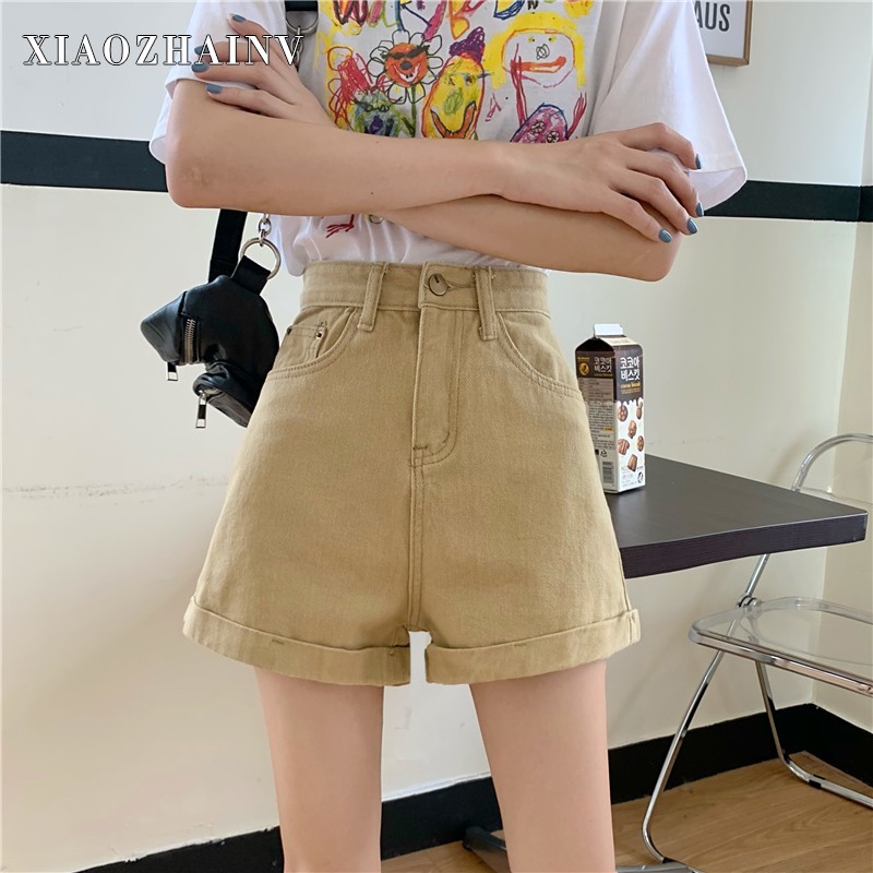  Xiaozhainv Quần Short Denim Nữ Lưng Cao Ống Rộng Phong Cách Hàn Quốc