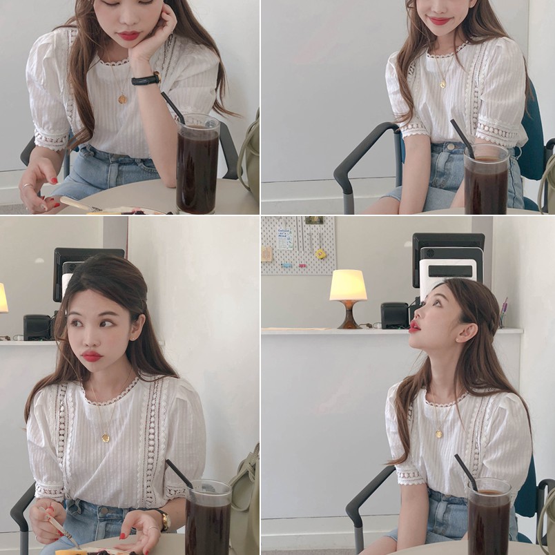 Áo sơ mi nữ trắng cộc tay ren babydoll, áo sơ mi nữ cổ ren hoạ tiết tay lỡ viền ren hoạ tiết