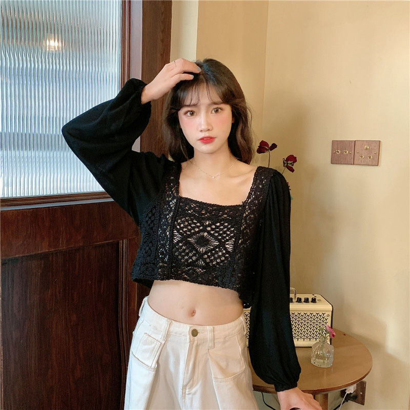 Áo voan chiffon tay dài phối ren phong cách Hàn Quốc cho nữ