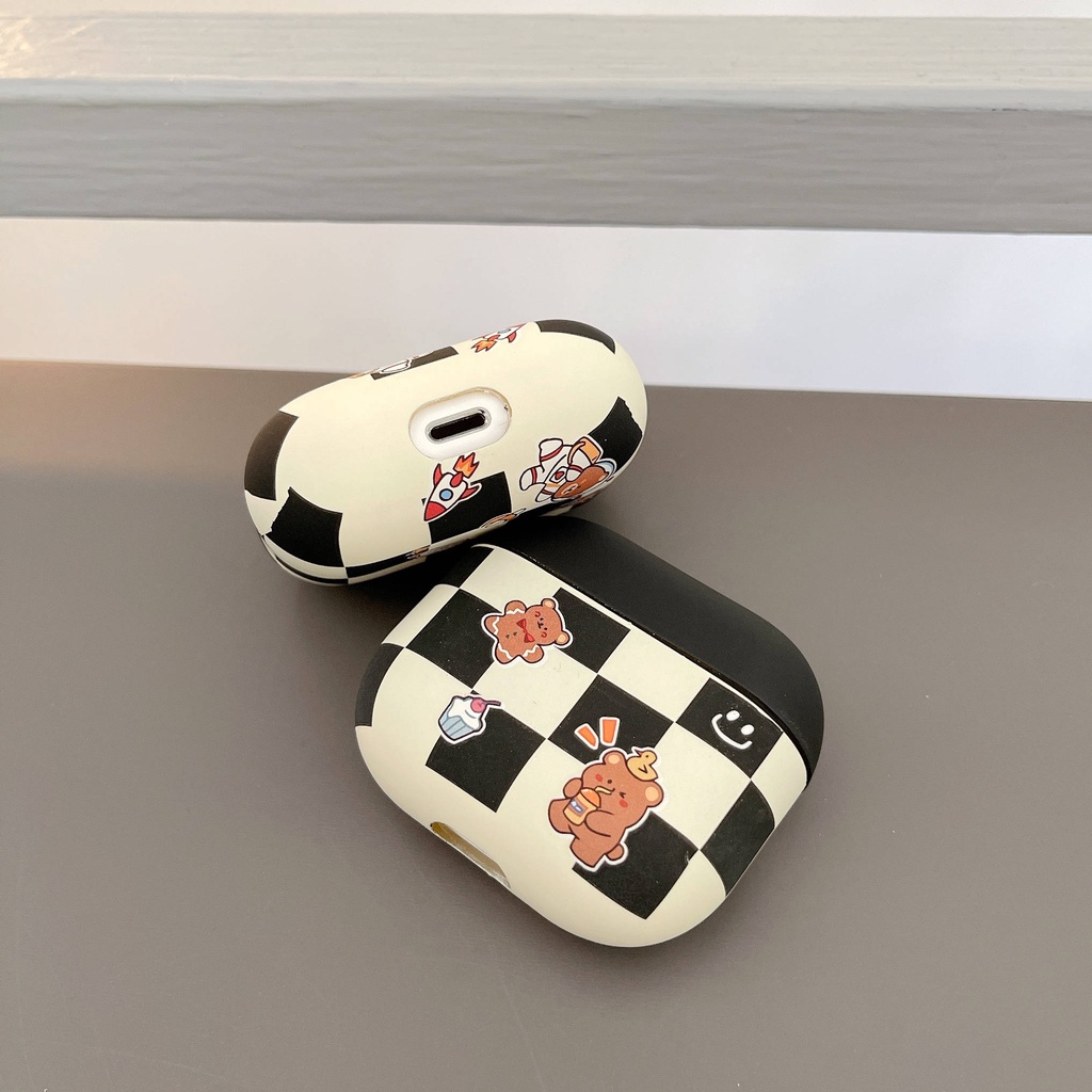 Vỏ Bảo Vệ Hộp Sạc Tai Nghe Airpods 3 Pro 2/ 3 Họa Tiết Sọc Ca Rô + Chú Gấu Dễ Thương Thời Trang 2019 Ốp