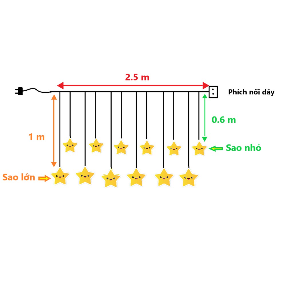 Dây Đèn Trang Trí LED- Rèm Ngôi Sao Nhấp Nháy Vàng Nắng Cắm Điện 2.5m