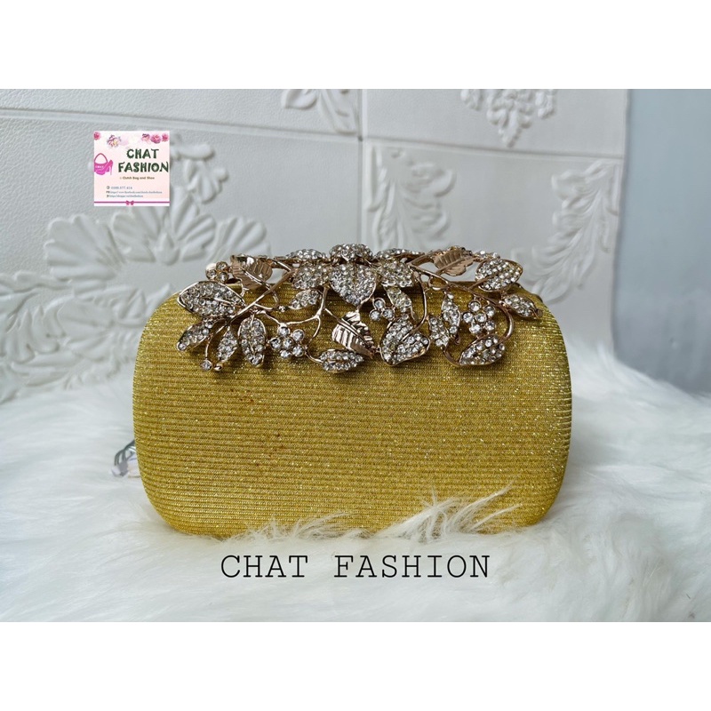Ví clutch dự tiệc vải kim sa khóa trùm hoa đá TV006