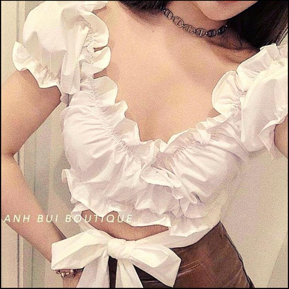 Áo Croptop Đắp Chéo Nơ Eo - Áo Croptop Cổ V Bèo Thân Buộc Nơ Siêu Xinh