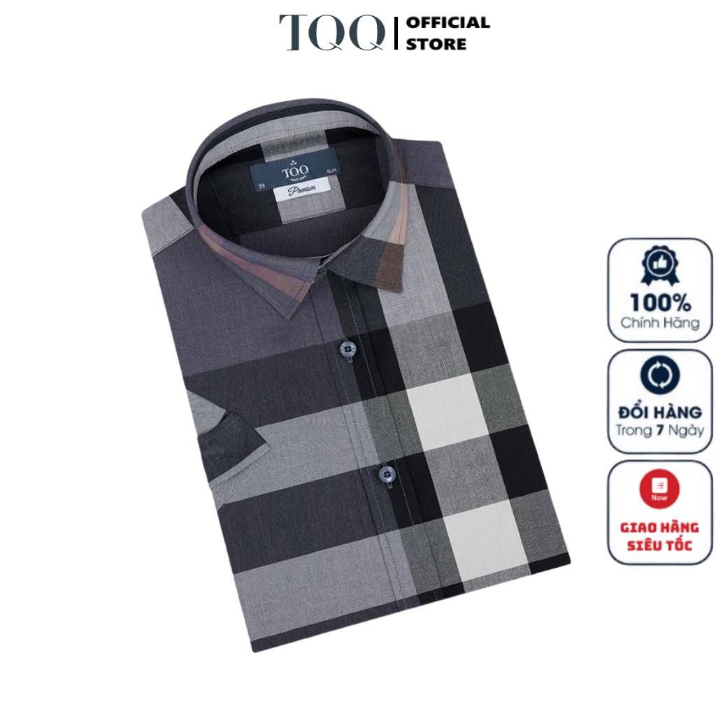 Áo Sơ Mi Nam Ngắn Tay TQQ K477CSC Somi Công Sở Cao Cấp Màu Ghi Kẻ Caro To Vải Sợi Viscose Dáng Ôm Tà Lượn Không Túi