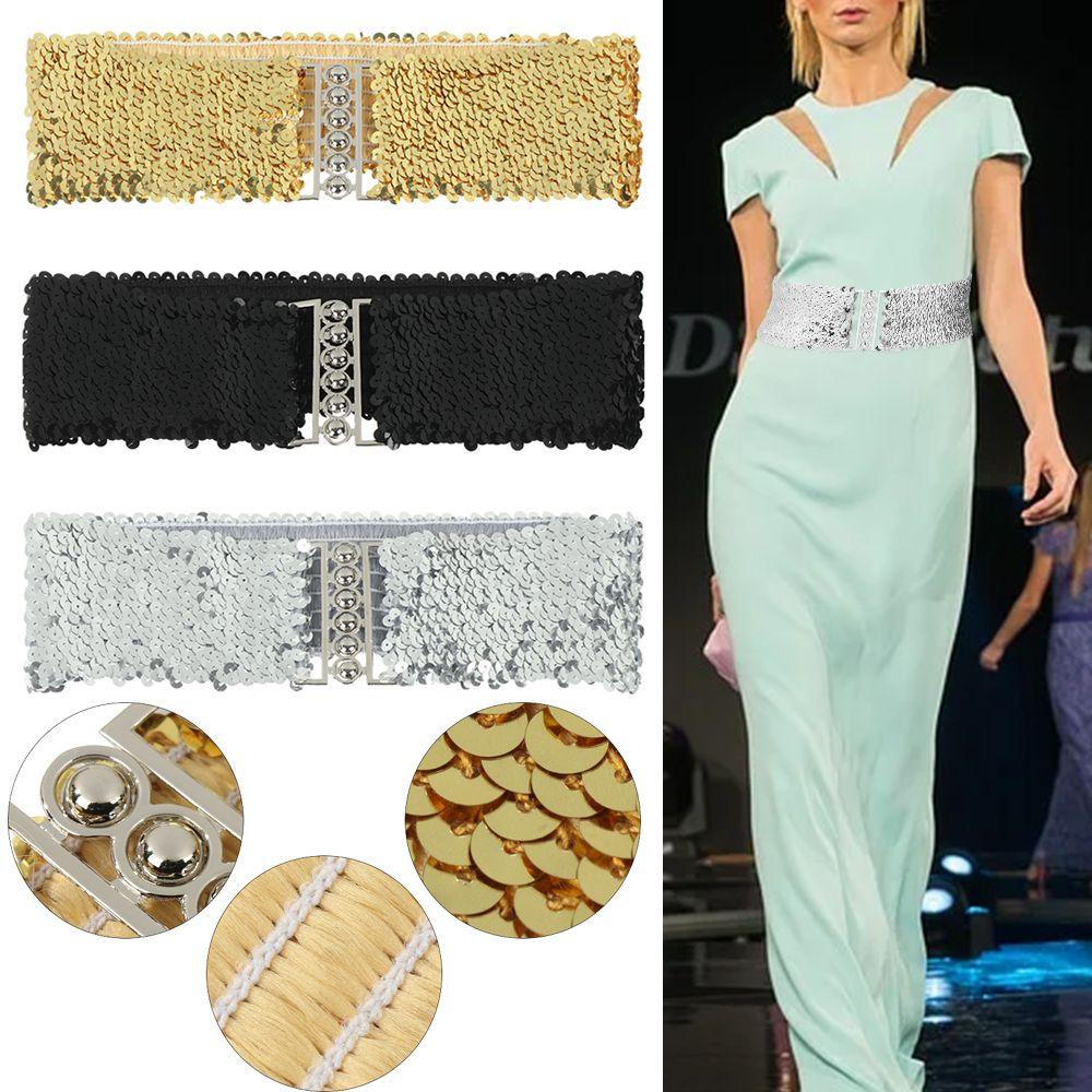 LEILY Thắt Lưng Bản Rộng Co Giãn Đính Kim Sa Lấp Lánh Phong Cách Vintage