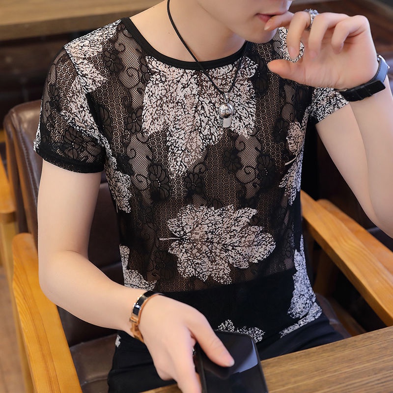 Áo Thun Ngắn Tay Vải Lụa Mát Phối Lưới Thời Trang Xu Hướng Cho Nam