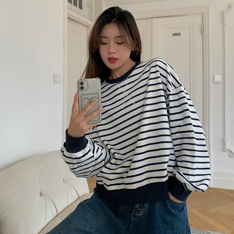 Áo sweater SUXI dài tay cổ tròn kẻ sọc ngang thời trang Hàn Quốc mới cho nữ