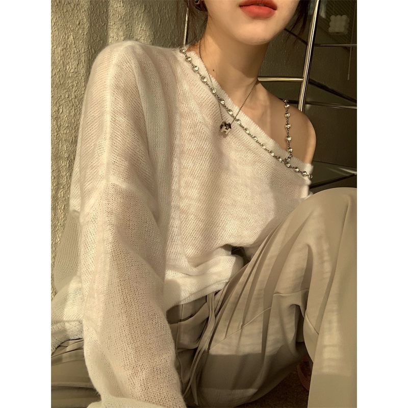 Porozi  Áo sweater dệt kim tay dài trễ vai phong cách Hàn Quốc thời trang cho nữ