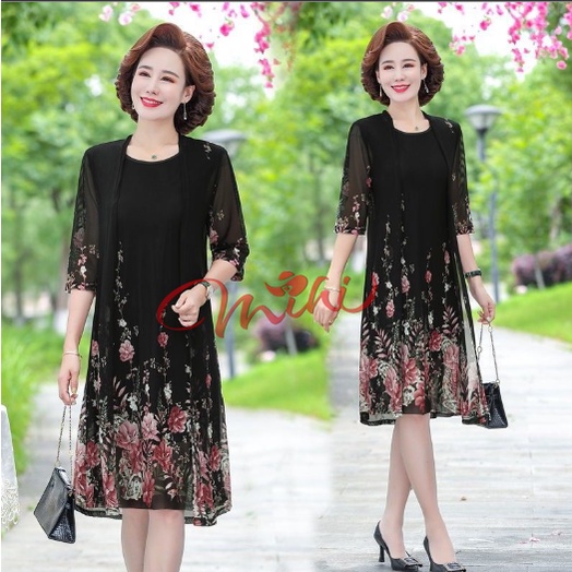 Set đầm dự tiệc trung niên nữ V50, váy voan cho mẹ dáng suông chất đẹp cao cấp sang trọng U40 U50 U60 U70 Bigsize giá rẻ