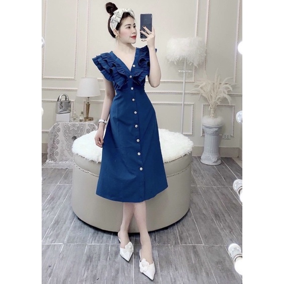 Đầm váy midi cổ phối dập li 3 màu