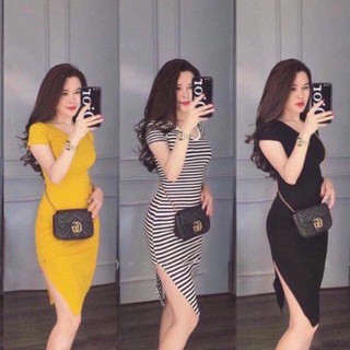 Váy Body Xẻ Tà Thun Gân Cổ Tim