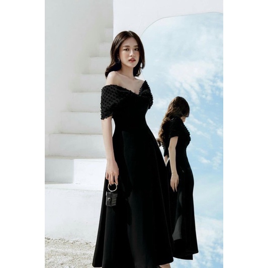 Váy trễ vai đen phối voan tơ mềm xoè tiểu thư chanh xả