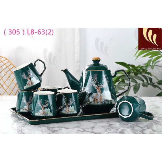 BỘ BÌNH CỐC PHA TRÀ KÈM KHAY MÀU XANH SANG TRỌNG HỌA TIẾT