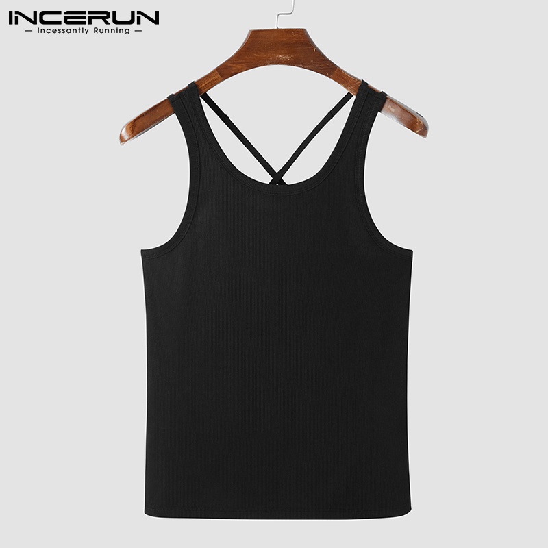 Áo tank top INCERUN dệt kim không tay phối dây chéo lưng thời trang cho nam