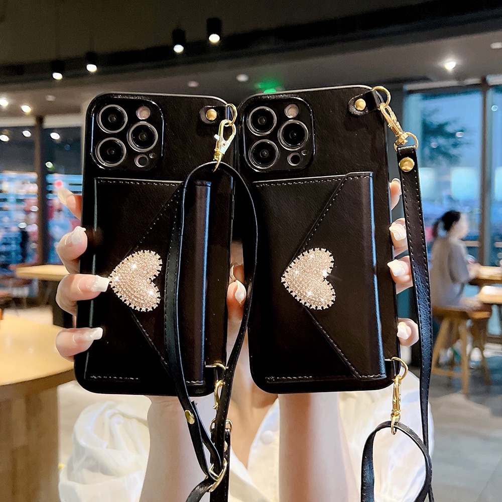 Ốp Điện Thoại Da Kèm Ngăn Đựng Thẻ Đính Kim Cương Giả Sang Trọng Cho IPhone 11 12 13 14 Pro Max IP 14ProMax 14 Plus XR X XS Max