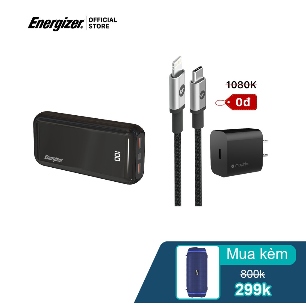 Combo sạc dự phòng Energizer 20,000mAh UE20011C - sạc nhanh Mophie 20W - Cáp C to Lightning 1M - Hàng chính hãng