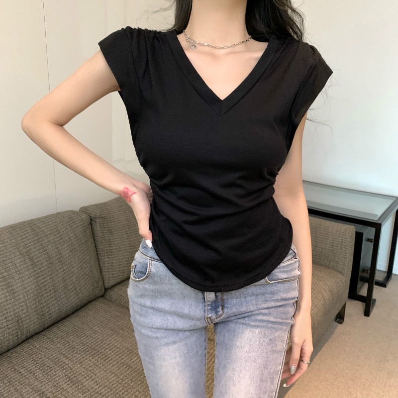 Cocory vn Áo Thun Nữ Ngắn Tay Cổ Chữ V Thời Trang