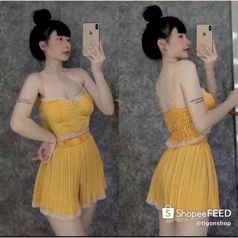 Sét bộ áo 2 dây có mút ngực + Quần dập ly chất vải phi lụa cam kết hàng y hình ( size dưới 51kg) | BigBuy360 - bigbuy360.vn