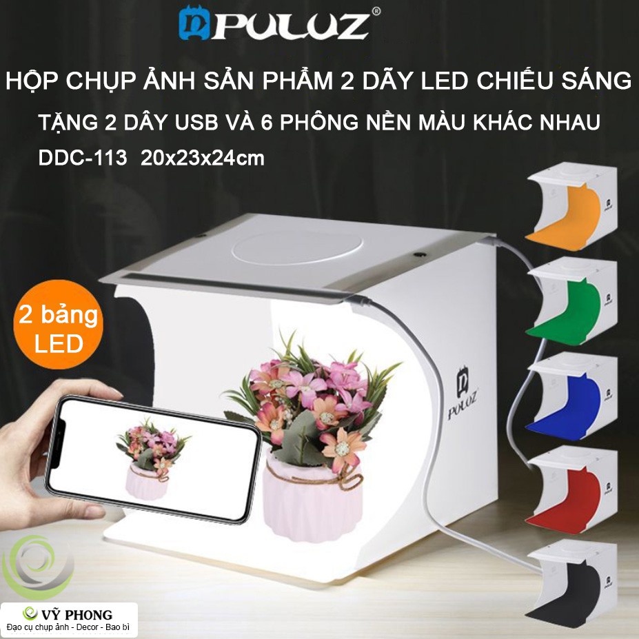 HỘP CHỤP SẢN PHẨM PULUZ 2 BẢNG ĐÈN LED 22x23x24cm TẶNG 6 TẤM PHÔNG MÀU DDC-113