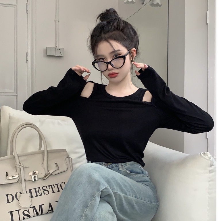 Áo croptop QKOOLE tay dài cổ tròn dáng ôm gợi cảm thời trang Hàn Quốc cho nữ