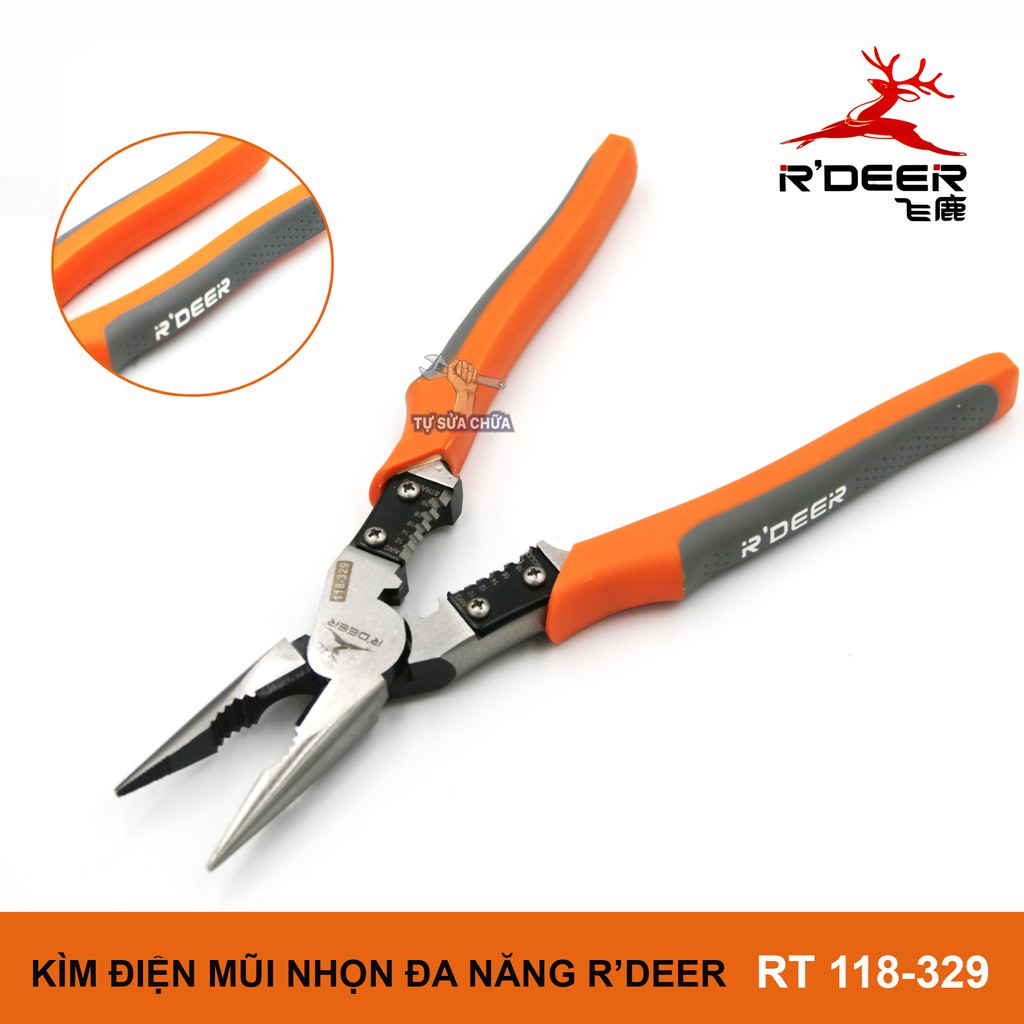 Kìm Kềm điện đa năng mũi nhọn cao cấp R'deer RT 118-329 9inch/225mm 4 trong 1 (Kẹp-Cắt-Uốn-Tuốt dây)