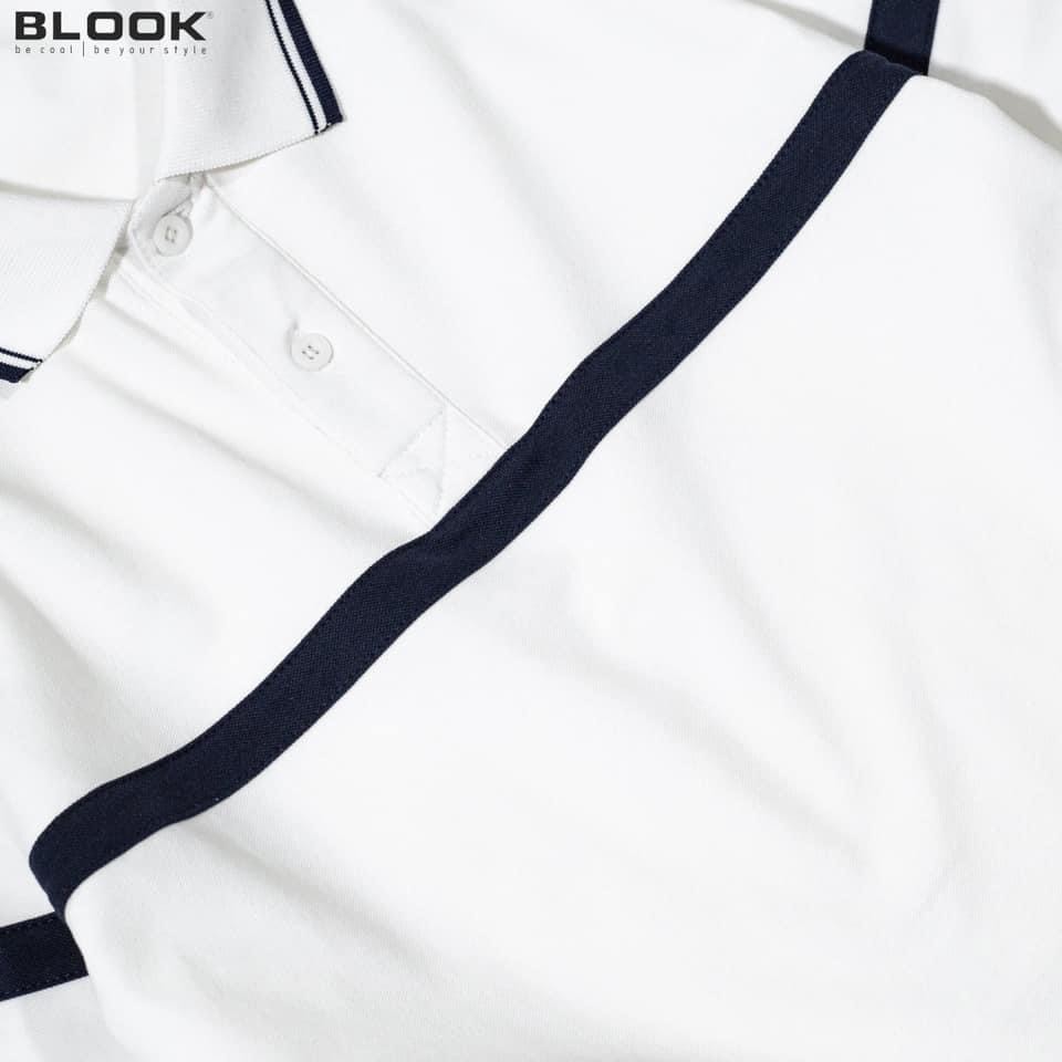 Áo polo nam cổ bẻ vải thun cá sấu cotton co giãn thấm hút  màu trắng sọc đen ngang ngực 33394 - BLOOK