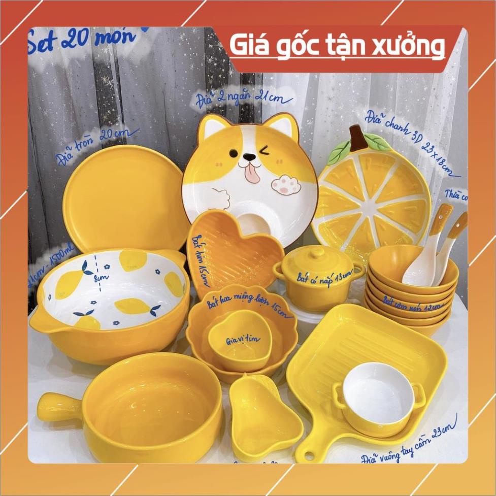 Giá Siêu Rẻ Bát Ăn Cơm Bộ Bát Đĩa Sứ Decor Chén Dĩa Dễ Thương Cute sét 20 món màu vàng xinh yêu