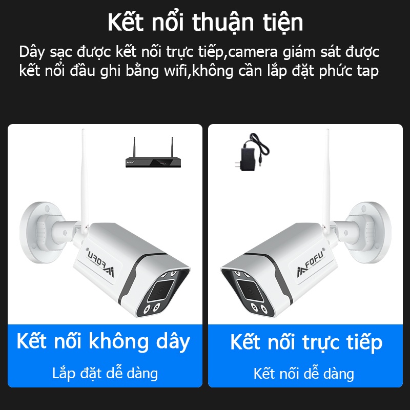Trọn bộ camera 8 mắt FOFU 3.0MP FHD,8 wifi camera + 1 đầu ghi,Chuẩn chống nước IP67,Không cần dây,Không cần cáp mạng