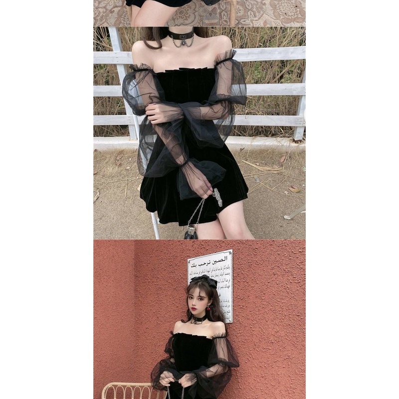 Đầm nhung đen dáng chữ A tay phồng phối lưới phong cách retro gợi cảm