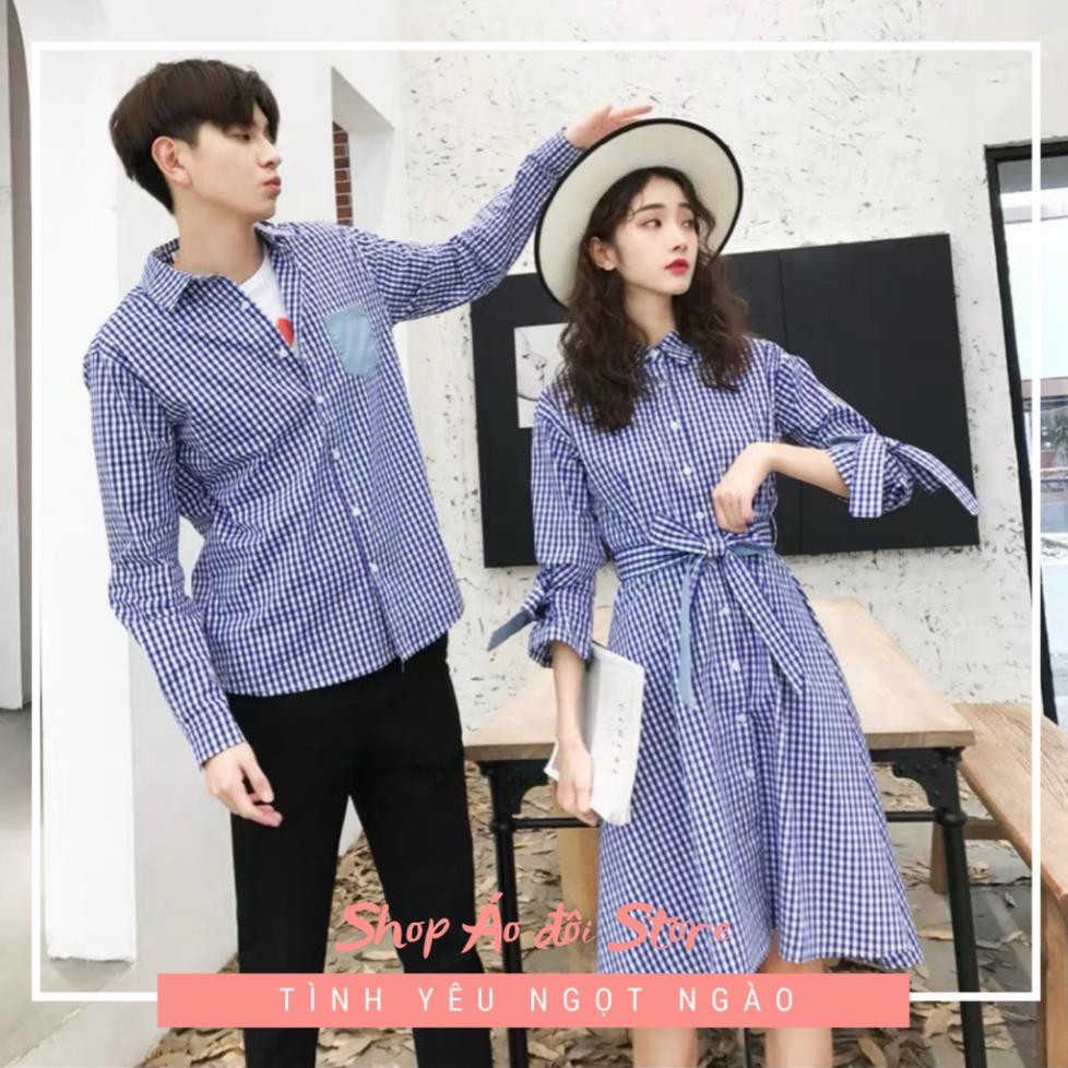 Bộ áo váy sơ mi cặp cao cấp, đồ đôi nam nữ  dễ thương, chất đẹp để chụp hình cưới, đi du lịch