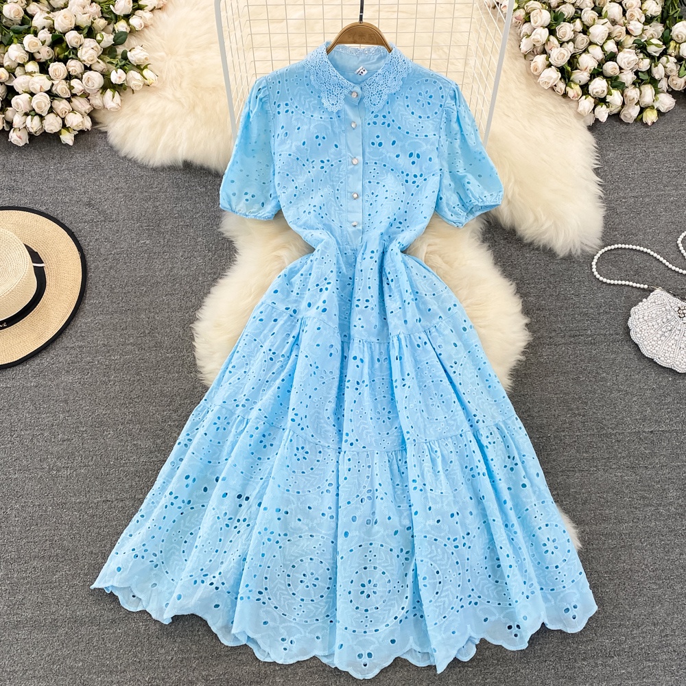 Pháp cổ điển ve áo bong bóng ngắn tay rỗng thắt lưng thêu ren váy thanh lịch tính khí lớn váy dài mùa hè