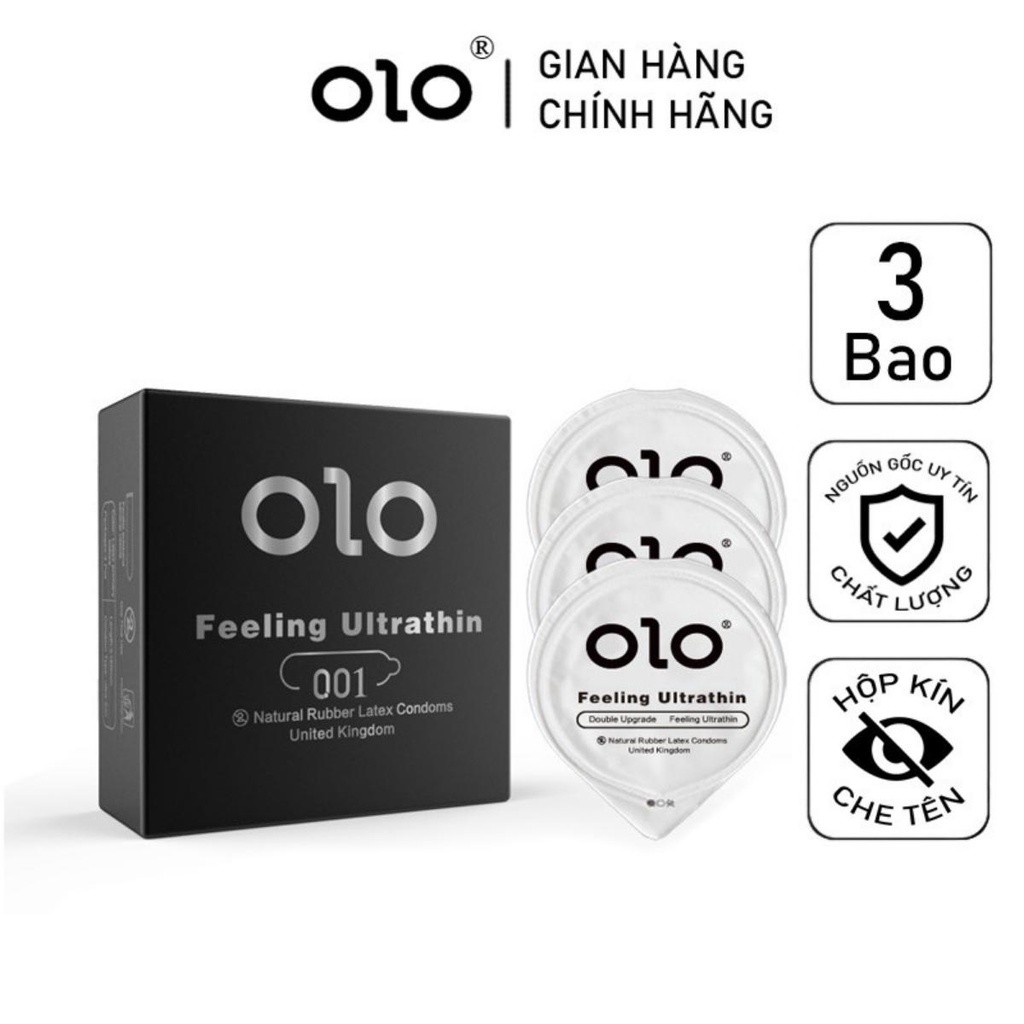 Bao Cao Su OLO 001 Đen Siêu Mỏng Nhiều Gel Bôi Trơn Hộp 3 bao , bcs trơn