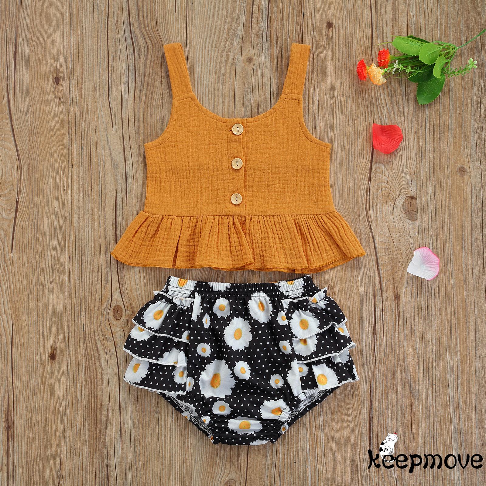 Set Đồ Mùa Hè 2 Món Áo Tank Top Cài Nút Màu Sắc Trơn + Quần Dài Nhiều Lớp Đính Hoa Cho Bé Gái 6 Tháng Đến 4 Tuổi