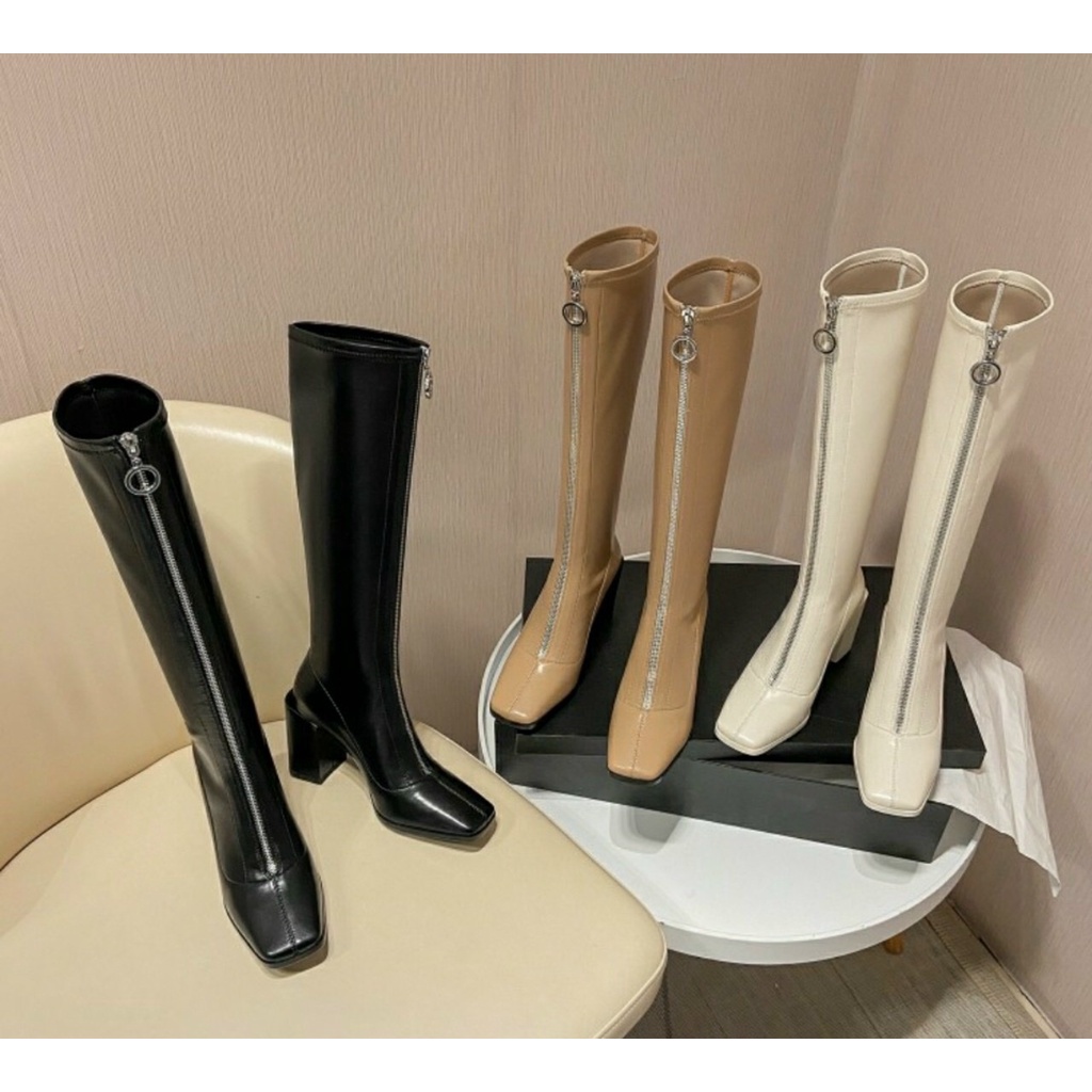 Video + Ảnh thật Boot đùi nữ khóa trước da lỳ mềm gót trụ cao 7p sang chảnh