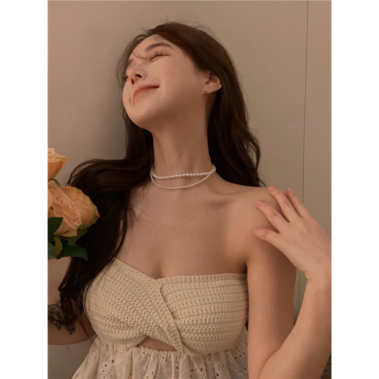 [Hana And Alice] Áo Dệt Kim Phối Ren Hở Vai Quyến Rũ Thời Trang
