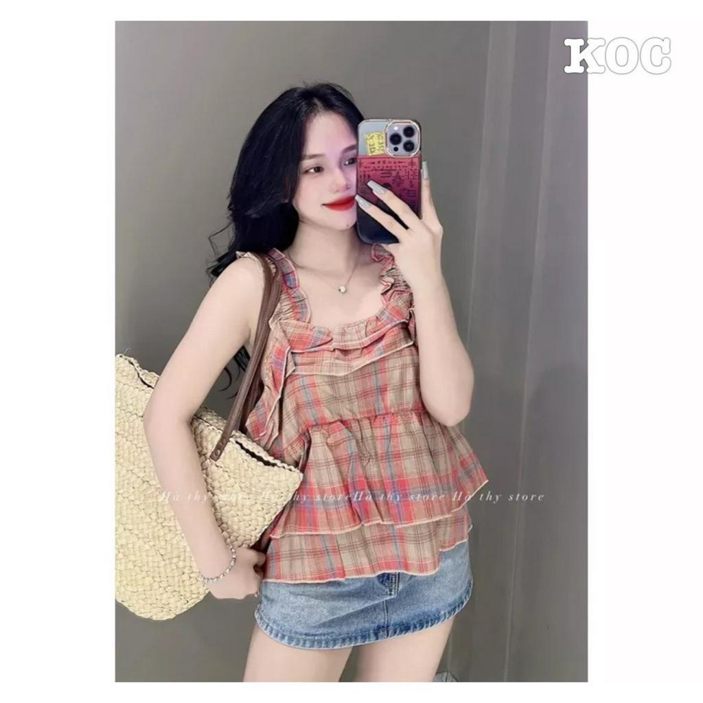 Áo Kẻ Caro Đỏ 2 Dây Bản To Bèo Tầng Áo 2s Viền Bèo Ngực Freesize
