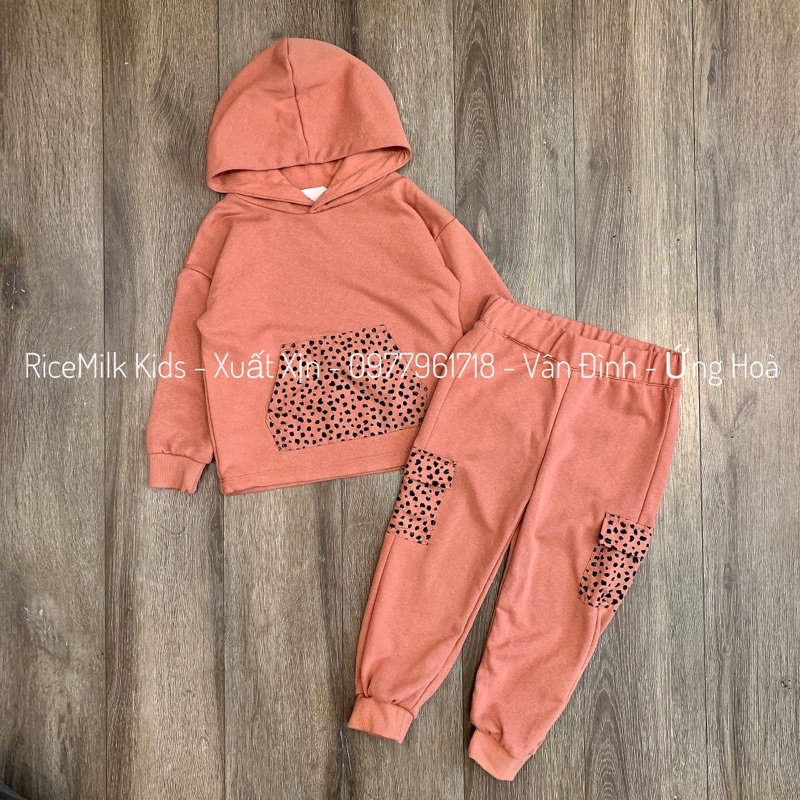 Bộ nỉ da cá hoodie màu cam đất túi hộp Hm cho bé gái