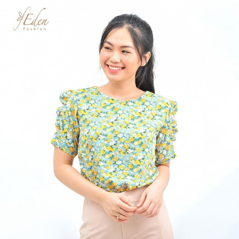 Sale áo kiểu nữ thời trang Eden dáng suông họa tiết hoa cổ tròn đính hạt - ASM121