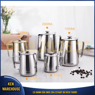 Ca đánh sữa inox 304 có nắp đủ dung tích bình đánh sữa inox chất lượng cao tạo hoa văn capuchino - KEN warehouse
