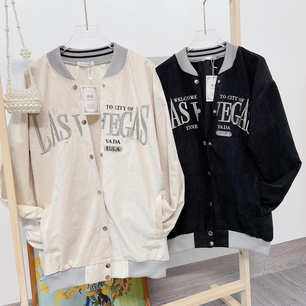 Áo Khoác Nữ Nhung Tăm Thêu Chữ LAS UNISEX, Áo Bomber Nữ Siêu chất