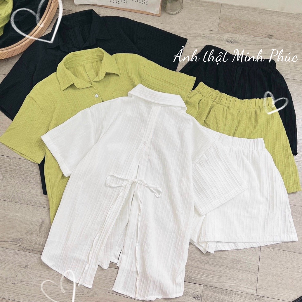 Set Quần Áo Nữ, Bộ Đi Chơi Đi Biển Sang Chảnh Áo Sơ Mi Cách Điệu Phối Quần Đùi Màu Xanh Bơ, Trắng, Nâu,đen Xm Minh Phúc