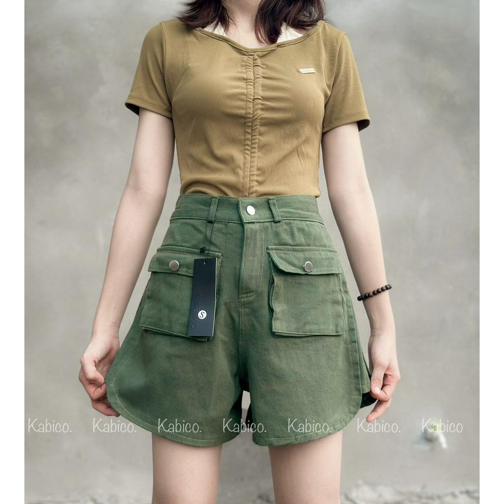 Quần short KABICO túi hộp ống rộng, quần short jean cạp cao phong cách_C33