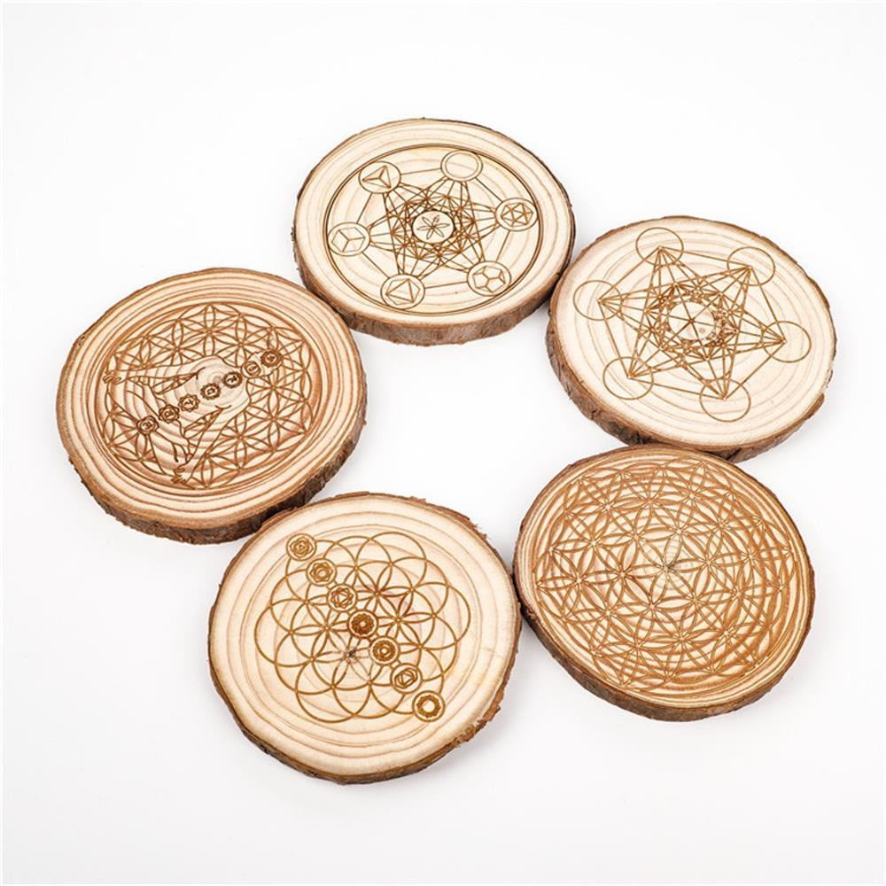 MIOSHOP 11 Styles Slice Wood Base Craft Home Wall Decor Flower Of Life Energy Mat Laser Cut Wall Art Home Decoration Handmade Coasters Making Sacred Geometry Ornament Thick Wooden Base